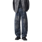 American-style Vintage Jacquard Flocking Embroidered Fleece-lined Jeans