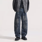 American-style Vintage Jacquard Flocking Embroidered Fleece-lined Jeans