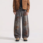 American-style Vintage Jacquard Flocking Embroidered Fleece-lined Jeans